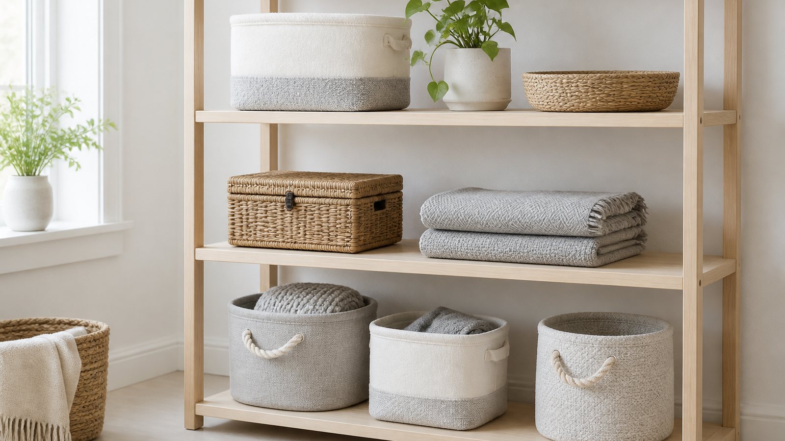 A tidy open shelving unit holding fabric baskets, a lidded rattan box, and folded textiles